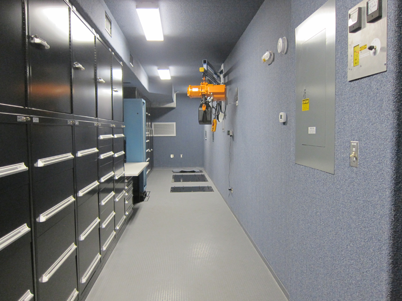 A storage room with metal cabinets