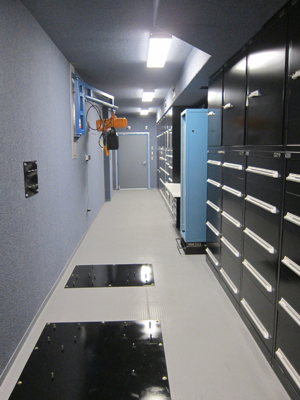 A storage space with metal cabinets